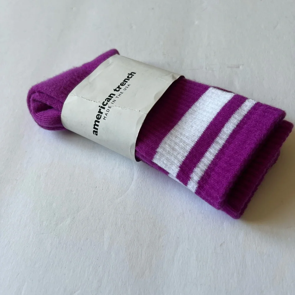 AMERICAN TRENCH RETRO DOUBLE STRIPE CREW SOCKS FUCHSIA PURPLE OS NWT